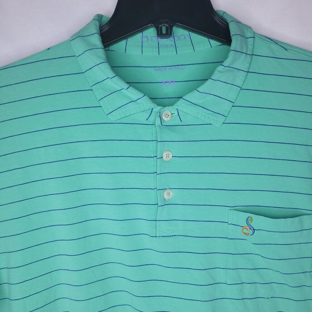 B Draddy Polo Shirt Mens 2XL Striped Green Short Sleeve Pima Cotton